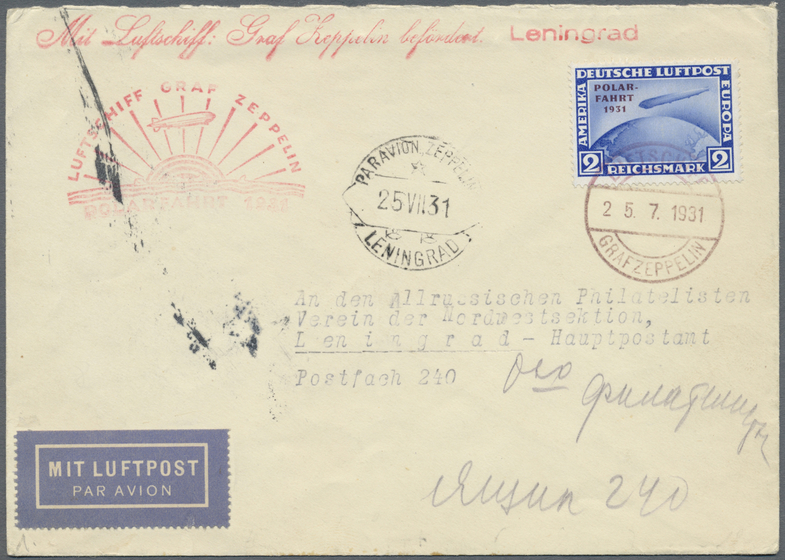 Br Sowjetunion - Besonderheiten: 1931, 2 RM Polarfahrt Auf Bordpostbrief Nach Leningrad. Sowjetischer Bestätigung - Autres & Non Classés