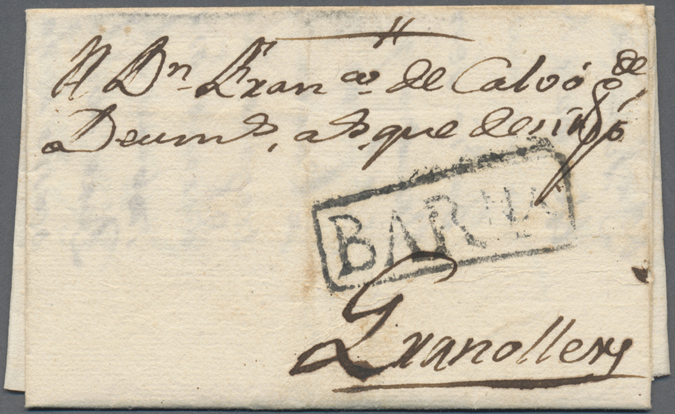 Br Spanien - Vorphilatelie: 1742, "BARNA", Boxed Mark On Lettersheet To Granollers. Rare Barcelona Mark! (PE 18) - ...-1850 Prephilately