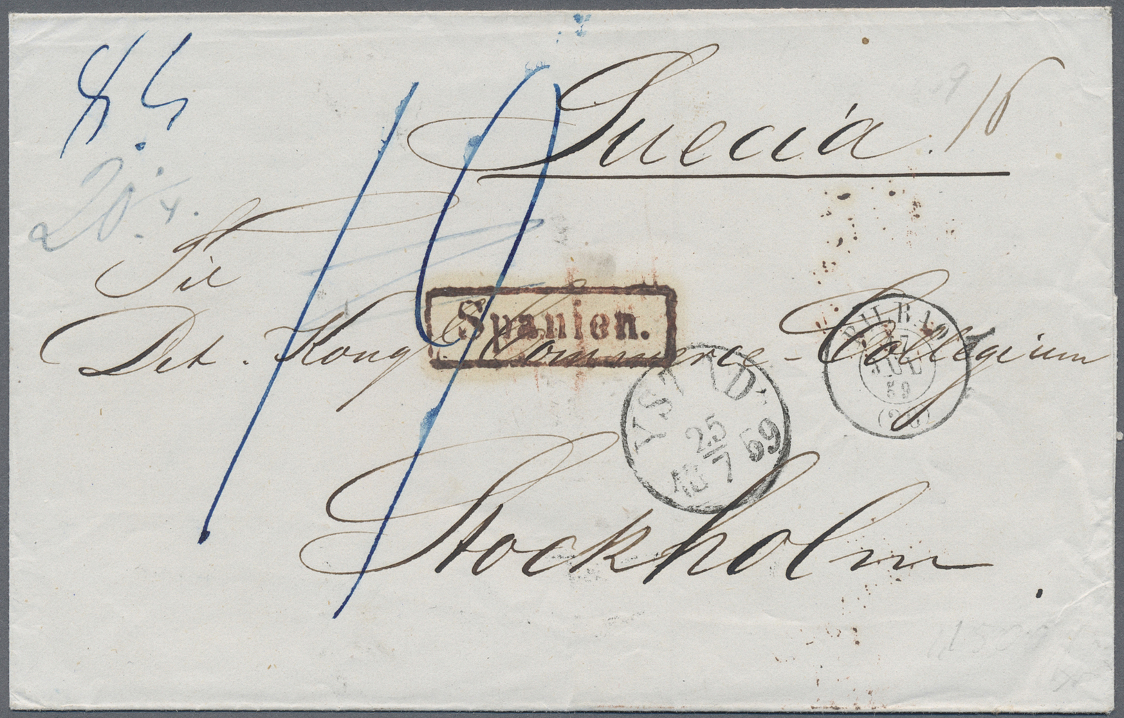 Spanien - Vorphilatelie: BILBAO 17 JUL 59 Double Cds And Boxed "Spanien" On Folded Envelope Sent Via "VERVIERT - ...-1850 Préphilatélie