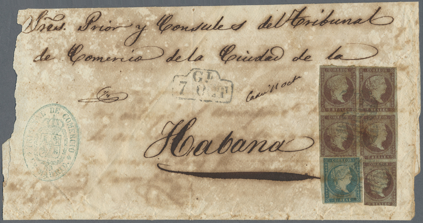 Br Spanien: 1855, Fünferblock 2 R Braunviolett Und Einzelmarke 1 R Grünlichblau, Beide Auf Bläulichem Papier Auf - Oblitérés