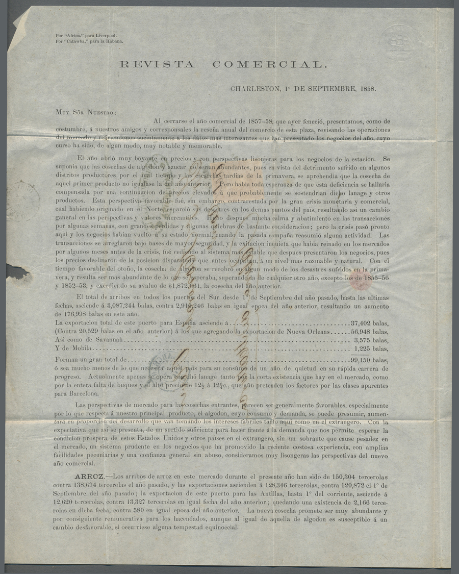 Br Spanien: 1858 (1. Set) Charleston A Palma De Mallorca. 4 Cuartos Mat. Parilla. En El Frente Fechador Y Marca D - Oblitérés