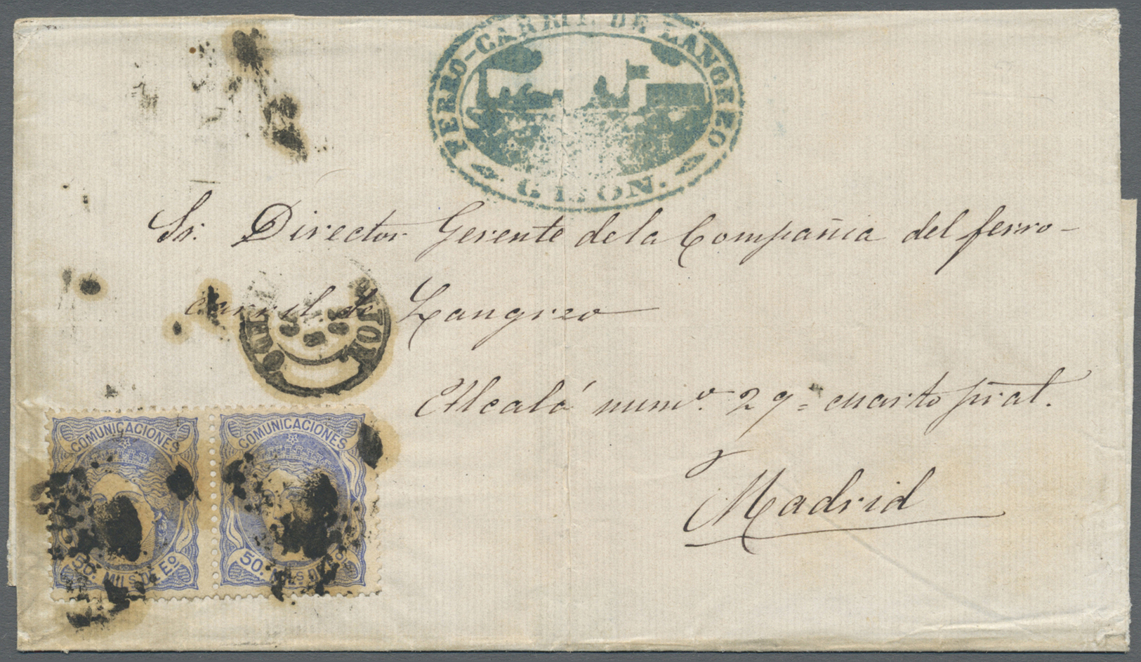 Br Spanien: 1872 (30 Jun), Gijon A Madrid. 50 Mils Azul, Pareja Horizontal, Mat. RP. En El Frente Fechador Y Marc - Used Stamps