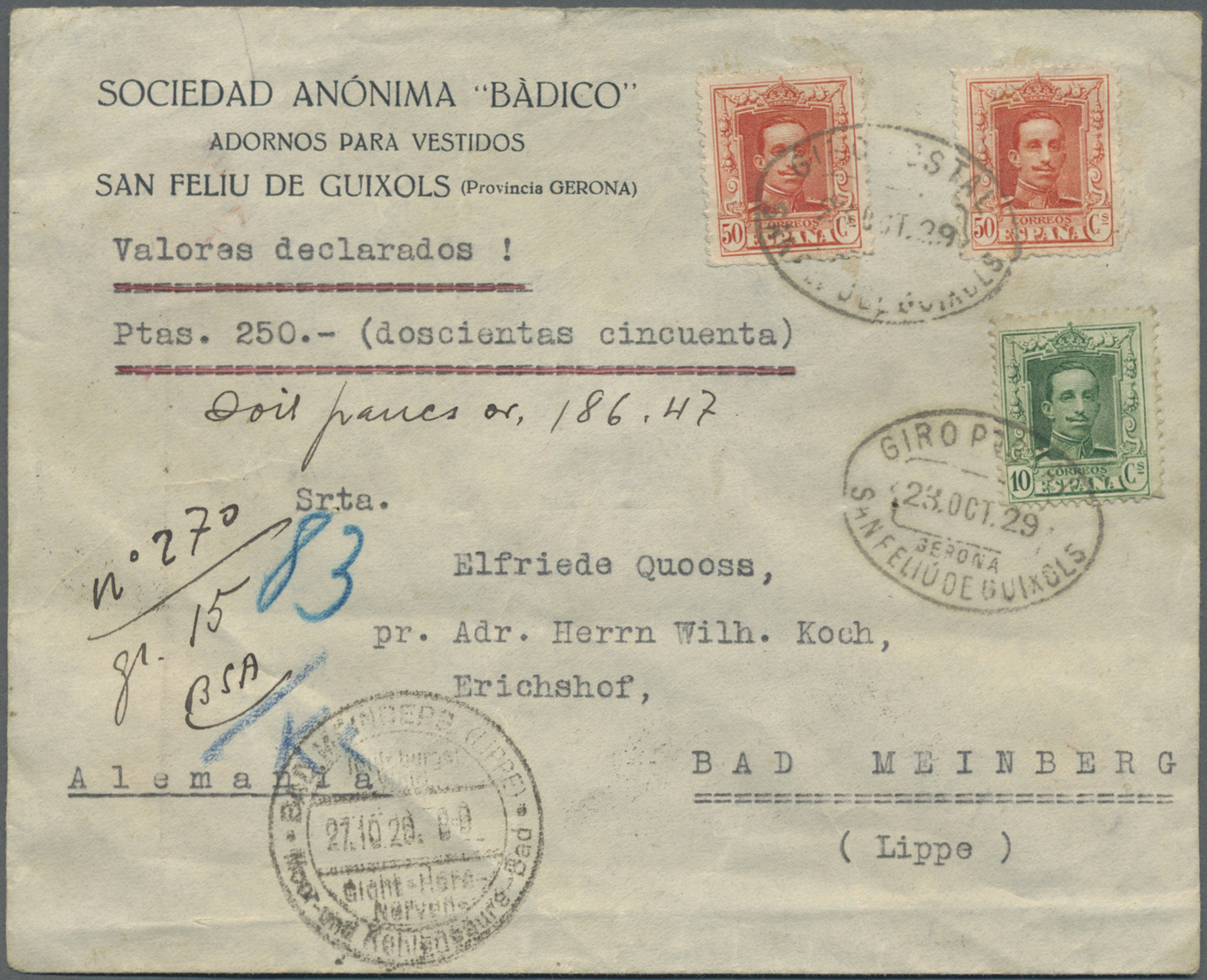 Br Spanien: 1929, Alfonso 50 C. (2), 10 C. Tied Oval "GIRO POSTAL 23 OCT 29 SAN FELUDE GUIXNOLS GERONA" To Declar - Used Stamps