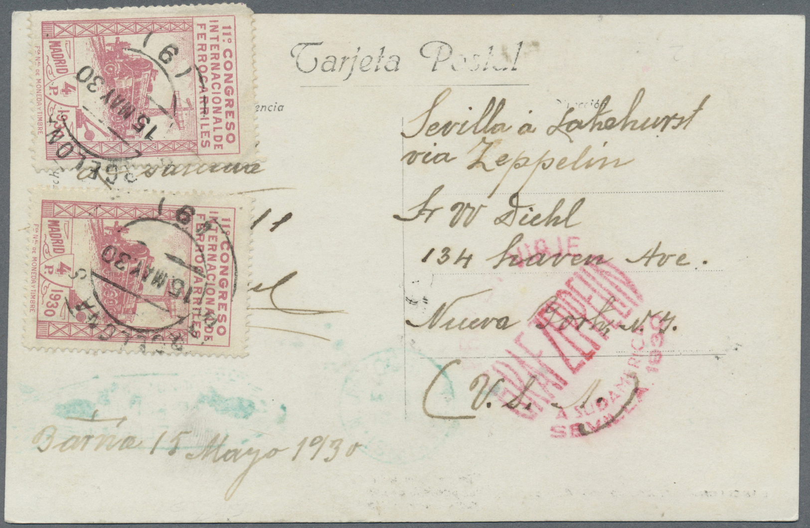 Spanien: 1930, Graf Zeppelin: Postkarte Mit 2x 4 P Rosa (1 Marke Kl. Eckzahnfehler) Gelaufen Von "BARCELONA 15 - Oblitérés