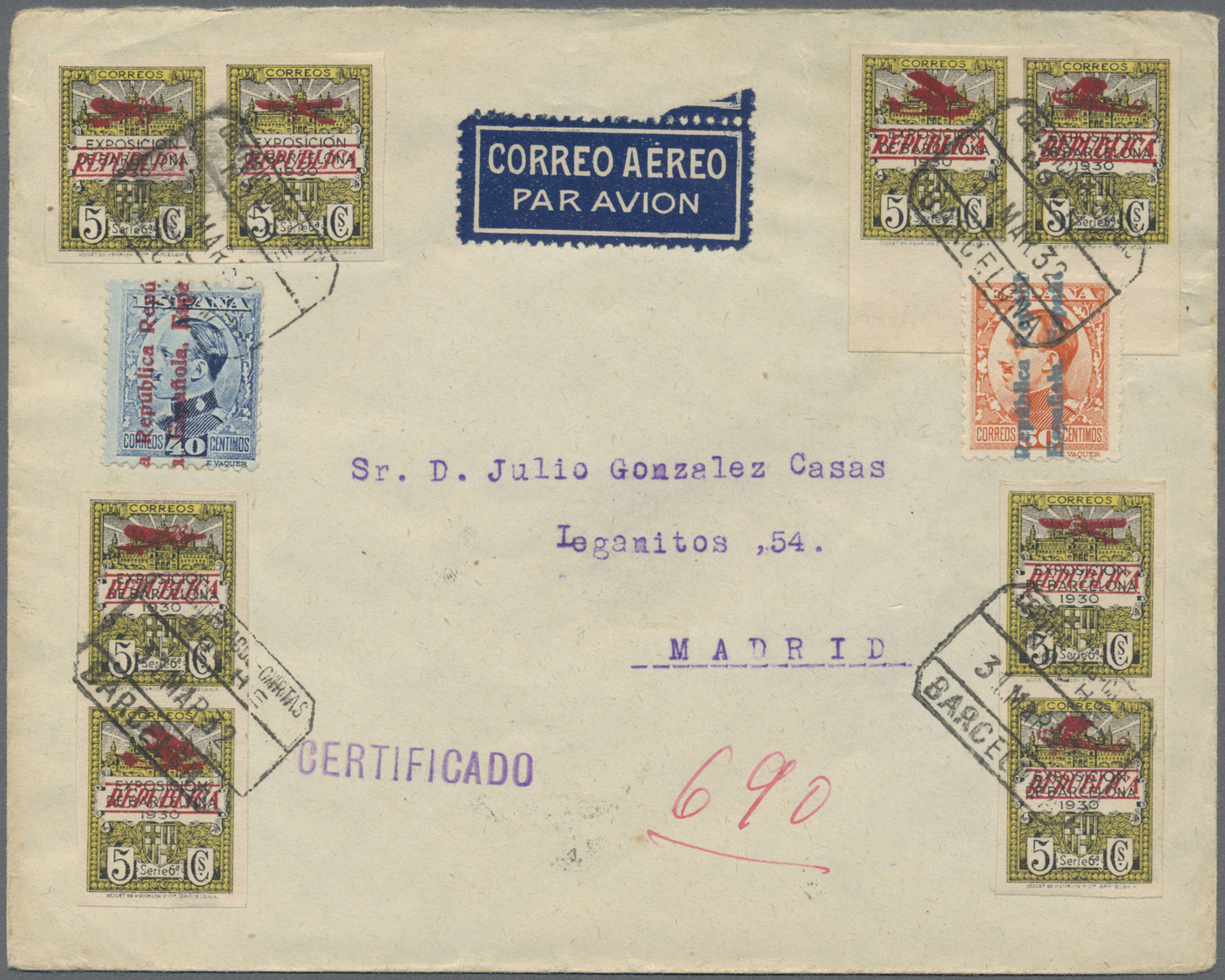 Br Spanien: 1932, Two Entires With Surcharge Stamps In All Types Sent Registered With Additional Franking From BA - Oblitérés