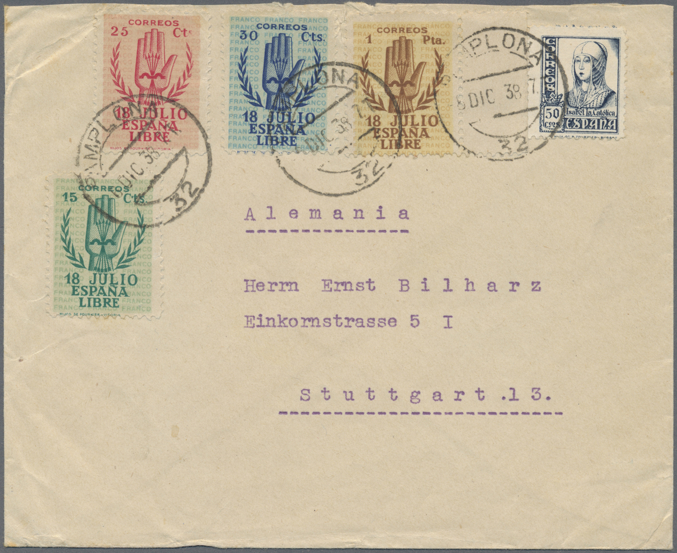 Br Spanien: 1938, Complete Issue "18 JULIO ESPANA LIBRE" With Additional Franking On Envelope From PAMPLONA To St - Oblitérés