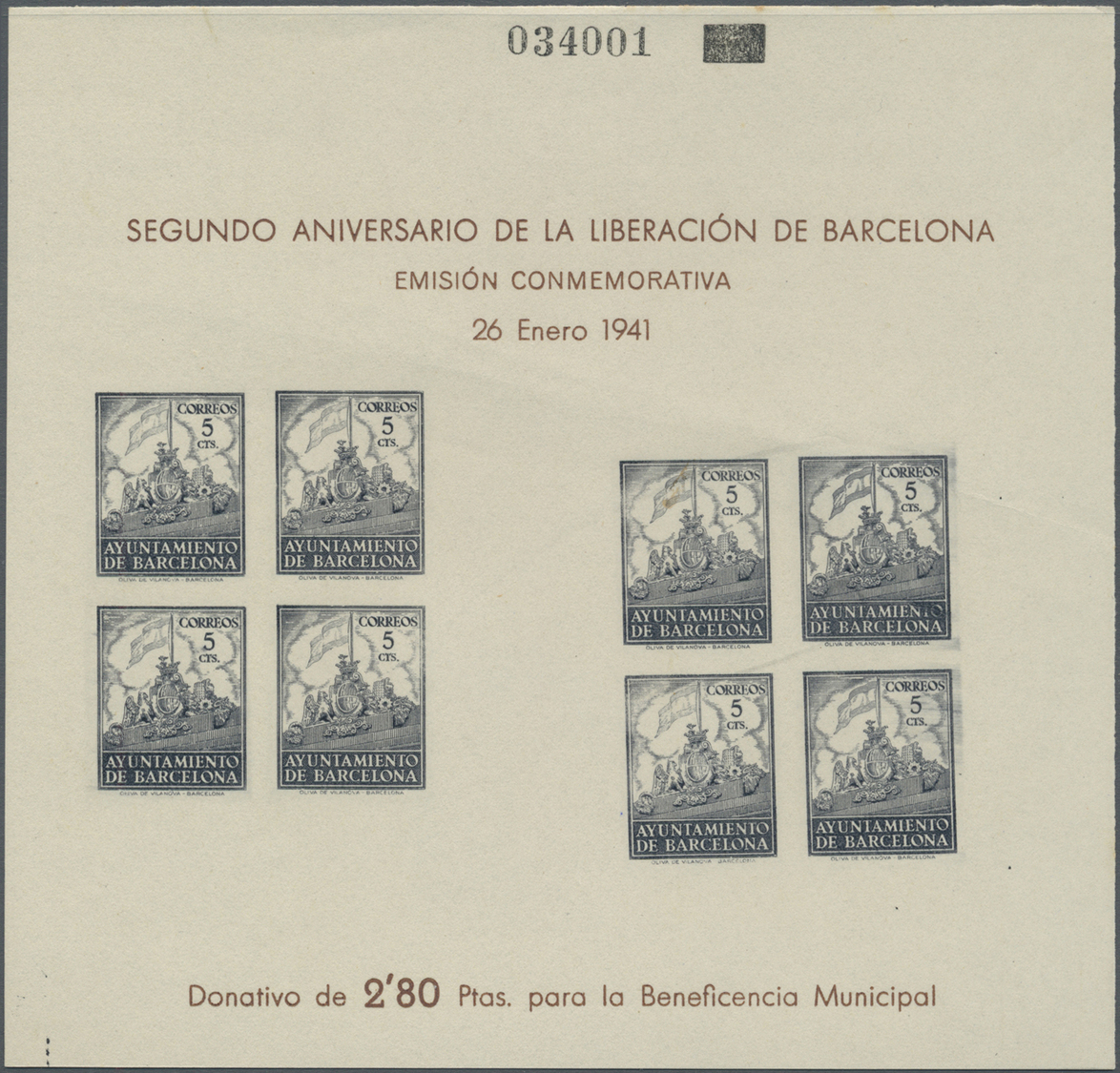 (*) Spanien - Zwangszuschlagsmarken Für Barcelona: 1941 Erinnerungsblock Zum 2. Jahrestag Der Befreiung Barcelonas - War Tax