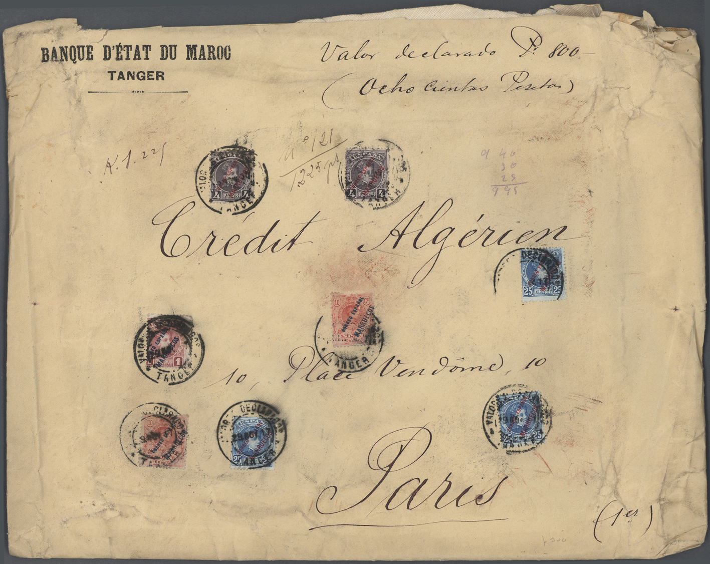 Br Spanische Post In Marokko: 1917, 2 X 10 C Red, 3 X 25 C Blue, 1 Pta Lilac And 2 X 4 Pta Violet, Mixed Franking - Maroc Espagnol