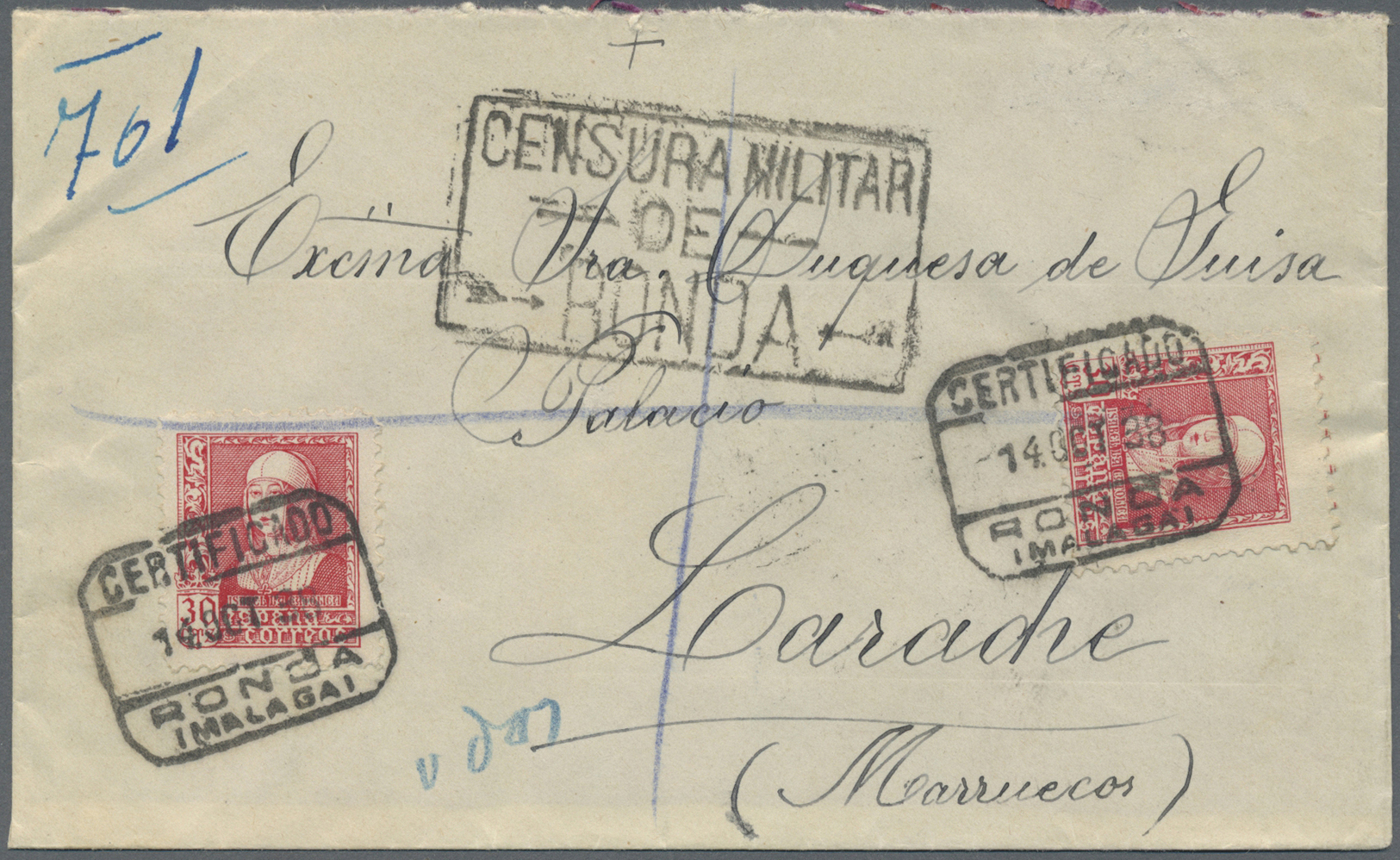 Br Spanische Post In Marokko: 1938. Registered Envelope Addressed To The Duchess De Guise, Larache Bearing Spain - Maroc Espagnol