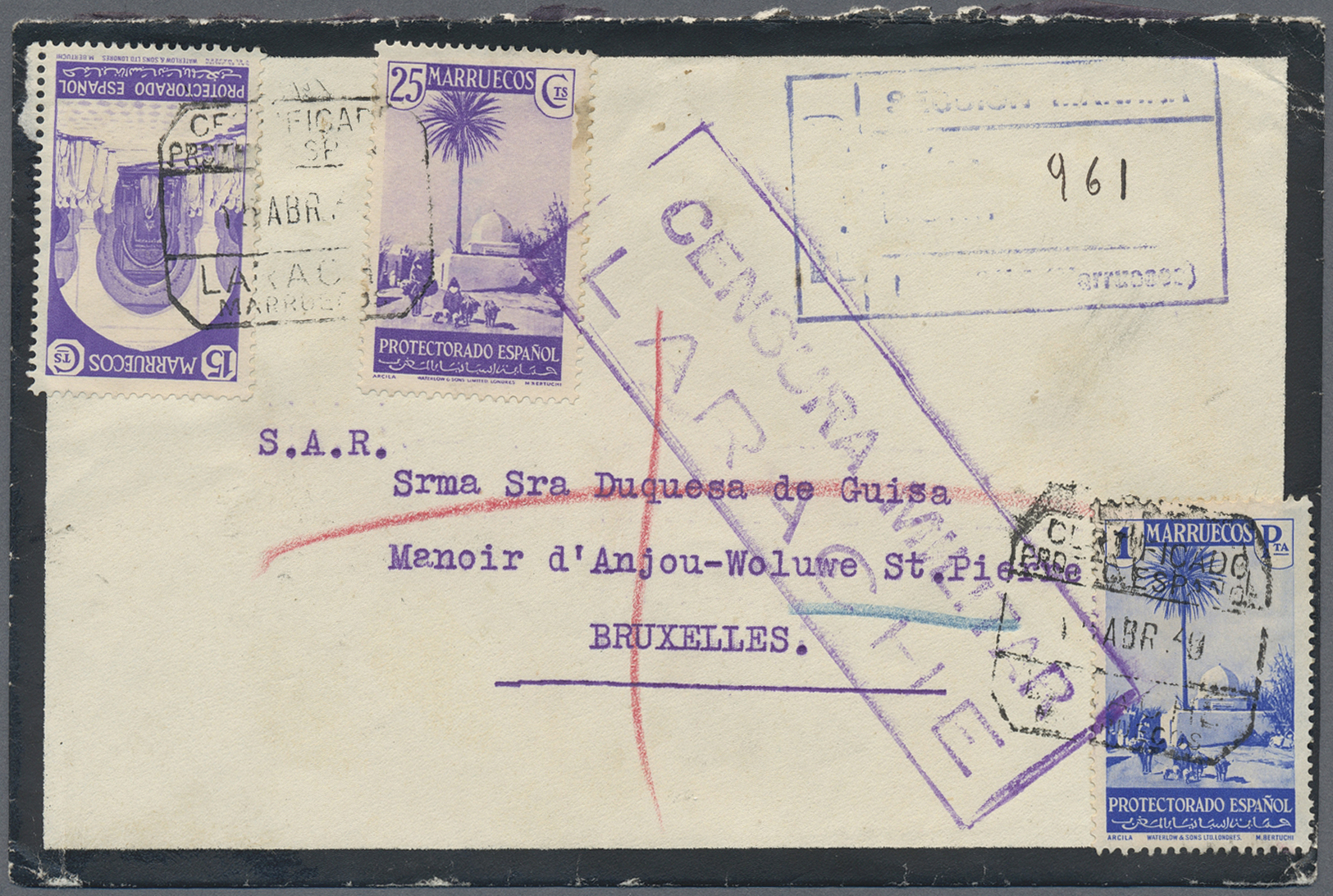 Br Spanische Post In Marokko: 1939. Registered Mourning Envelope Addressed To The Duchess Guise, Brussels Bearing - Spanish Morocco