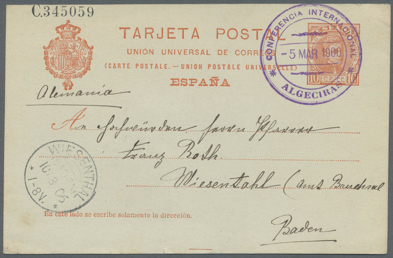 GA Spanien - Ganzsachen: 1906 (5.3), Stat. Postcard King Alonso 10c. Red On Bluish Stock With Violet Double-circl - 1850-1931