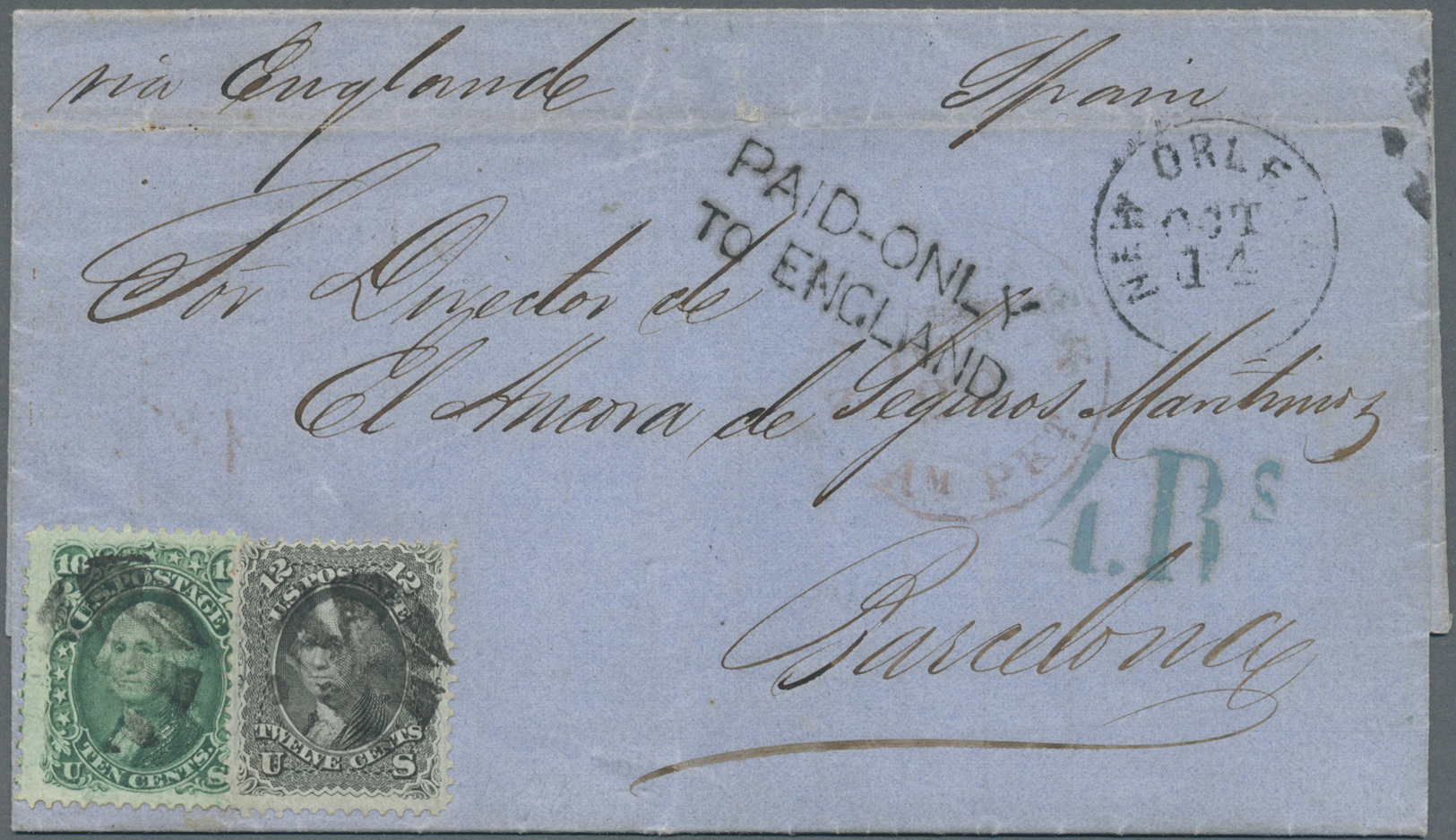 Br Spanien - Besonderheiten: 1866 Brief Aus USA Mit 10 C. Grün Und 12 C. Schwarz (Scott 68,69) Von New Orleans Na - Autres & Non Classés