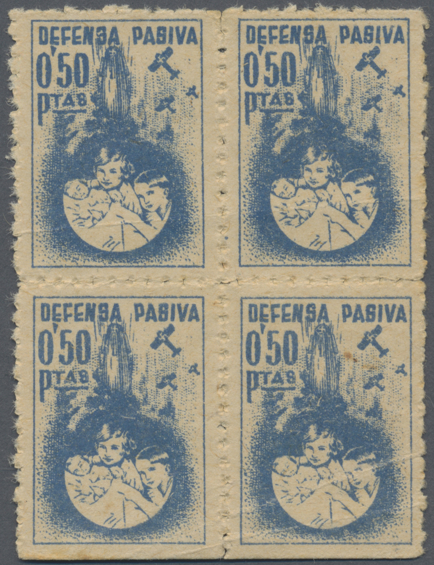 (*) Spanien - Besonderheiten: VALENCIA 1937, 0.50pts. Blue "DEFENSA PASIVA", Block Of Four, Unused, Stronger Creas - Autres & Non Classés