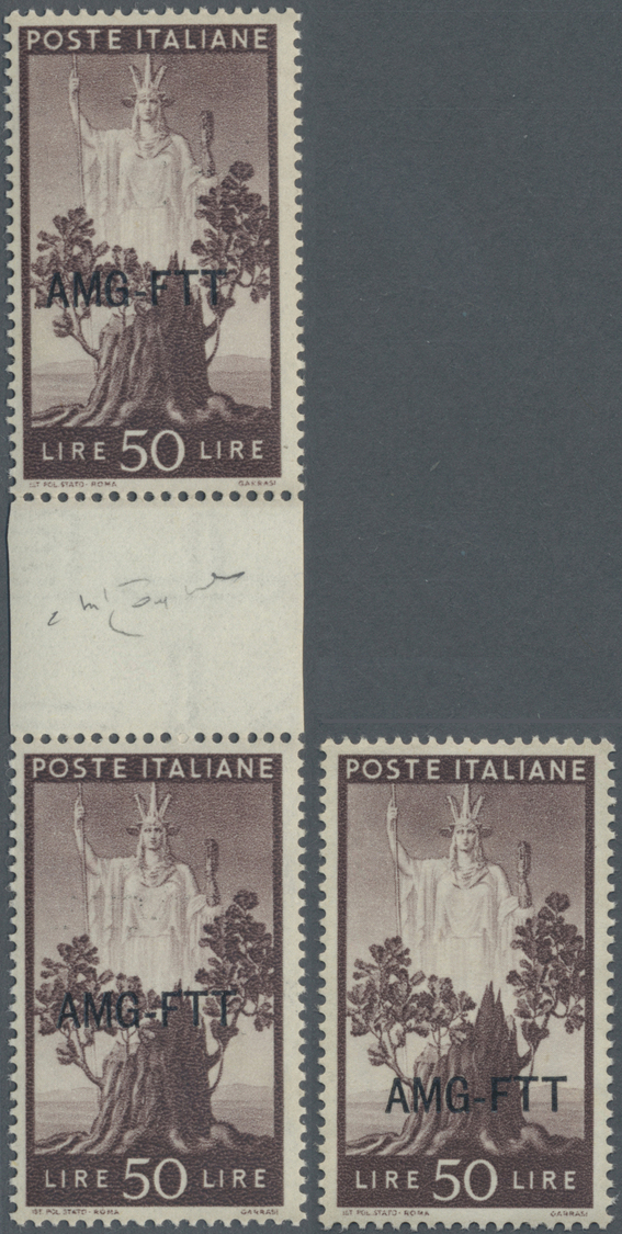 ** Triest - Zone A: 1950, 50l. Brown, Three Copies With Downwards Shifted Overprints: Single Stamp (5 Mm) And Ver - Neufs