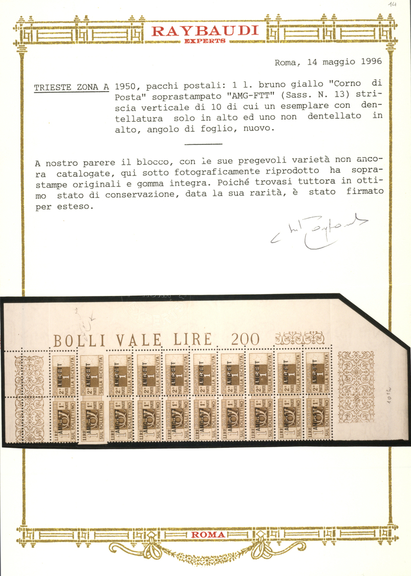 ** Triest - Zone A - Paketmarken: 1950, 1l. Bistre, Marginal Block Of Ten, Two Stamps (2nd Row From Top) IMPERFOR - Colis Postaux/concession