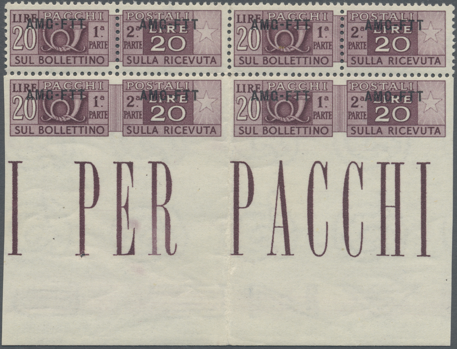 ** Triest - Zone A - Paketmarken: 1950, 20l. Purple, Bottom Marginal Block Of Four, Lower Stamps Showing Variety - Postal And Consigned Parcels