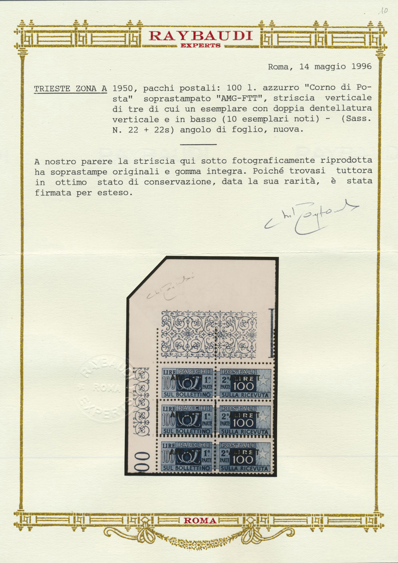 ** Triest - Zone A - Paketmarken: 1950, 100l. Blue, Marginal Block Of Three From The Upper Left Corner Of The She - Postal And Consigned Parcels