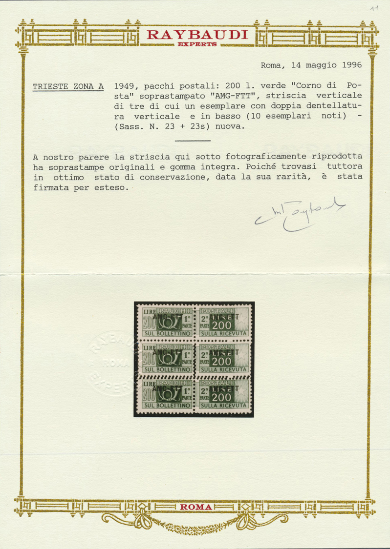 ** Triest - Zone A - Paketmarken: 1949, 200l. Green, Block Of Three, Centre Stamp Showing Variety "double Perfora - Colis Postaux/concession