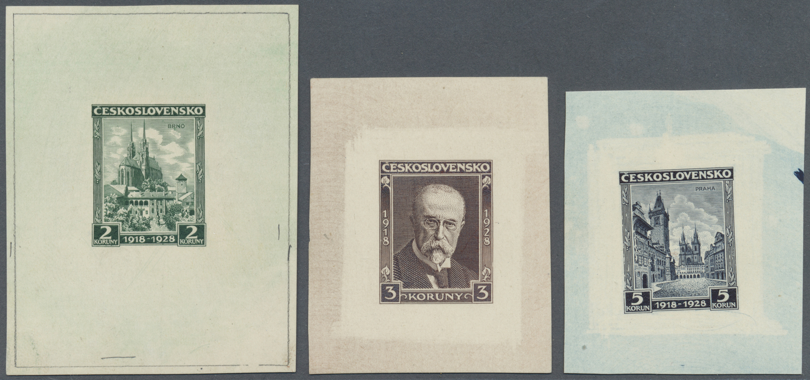 (*) Tschechoslowakei: 1928. Lot Of 3 Epreuves D'artiste For The Named Stamps Of The Set "10th Anniversary Of Czech - Covers & Documents