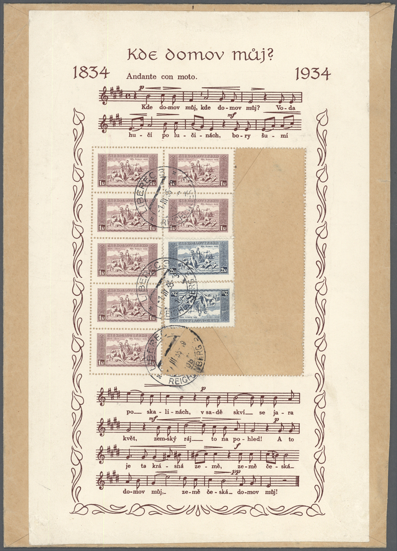 Br Tschechoslowakei: 1934, 100 Jahre Tschechische Nationalhymne 1 Kc Und 2 Kc, Schmuckbogen Mit Sieben Stück 1 Kc - Covers & Documents