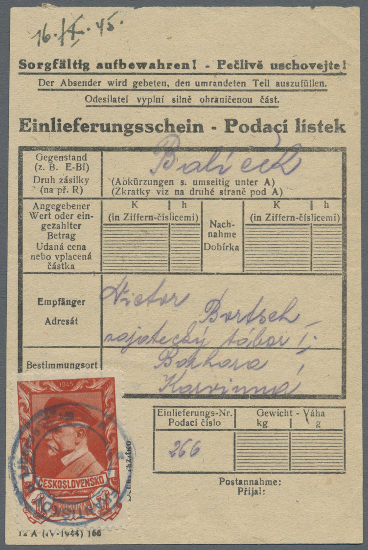 Br Tschechoslowakei: 1945 (16.10.), Masaryk 1 Kr. Karminrot Einzelfrankatur Auf 'Einlieferungsschein/Podaci Liste - Covers & Documents