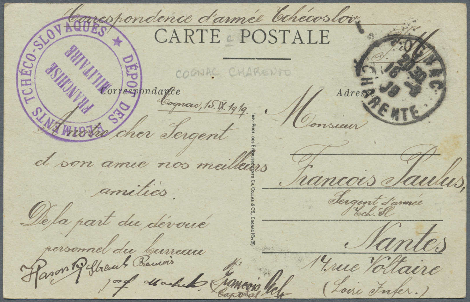 Br Tschechoslowakei - Besonderheiten: 1919. Picture Post Card Of ‘Les Quais, Cognac’ Endorsed ‘Corespondance D’Ar - Autres & Non Classés