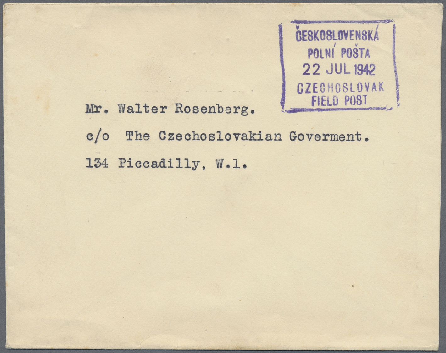 Br Tschechoslowakei - Besonderheiten: 1942. Stampless Envelope Addressed 'c/o The Czechoslovakia Government, Picc - Autres & Non Classés