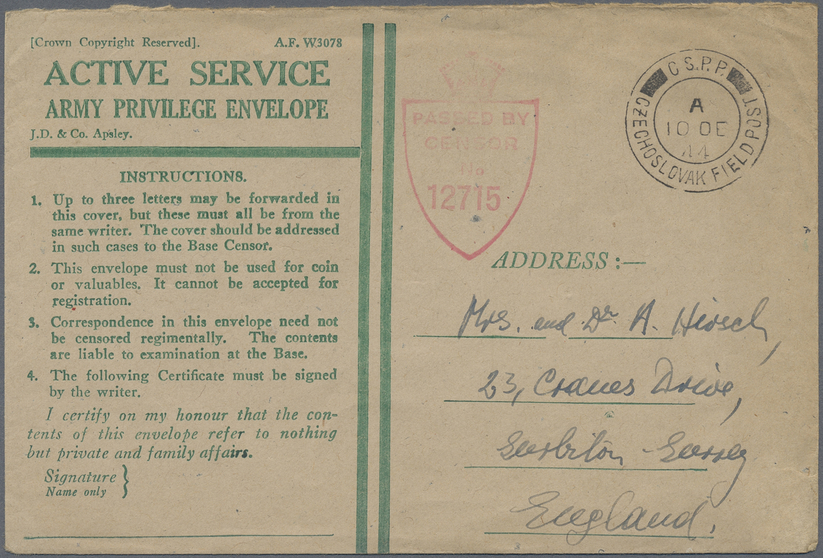 Br Tschechoslowakei - Besonderheiten: 1944. Stampless 'Active Service/Army Privilege’ Envelope Addressed To Surre - Other & Unclassified