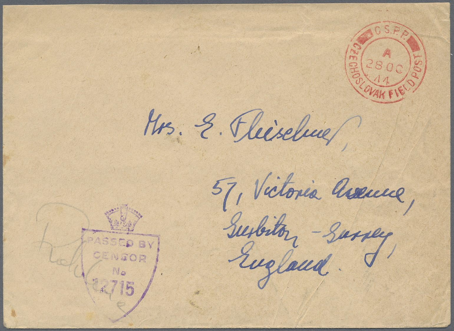 Br Tschechoslowakei - Besonderheiten: 1944. Creased Stampless Envelope Addressed To Surrey Cancelled By 'C.S.P.P. - Autres & Non Classés