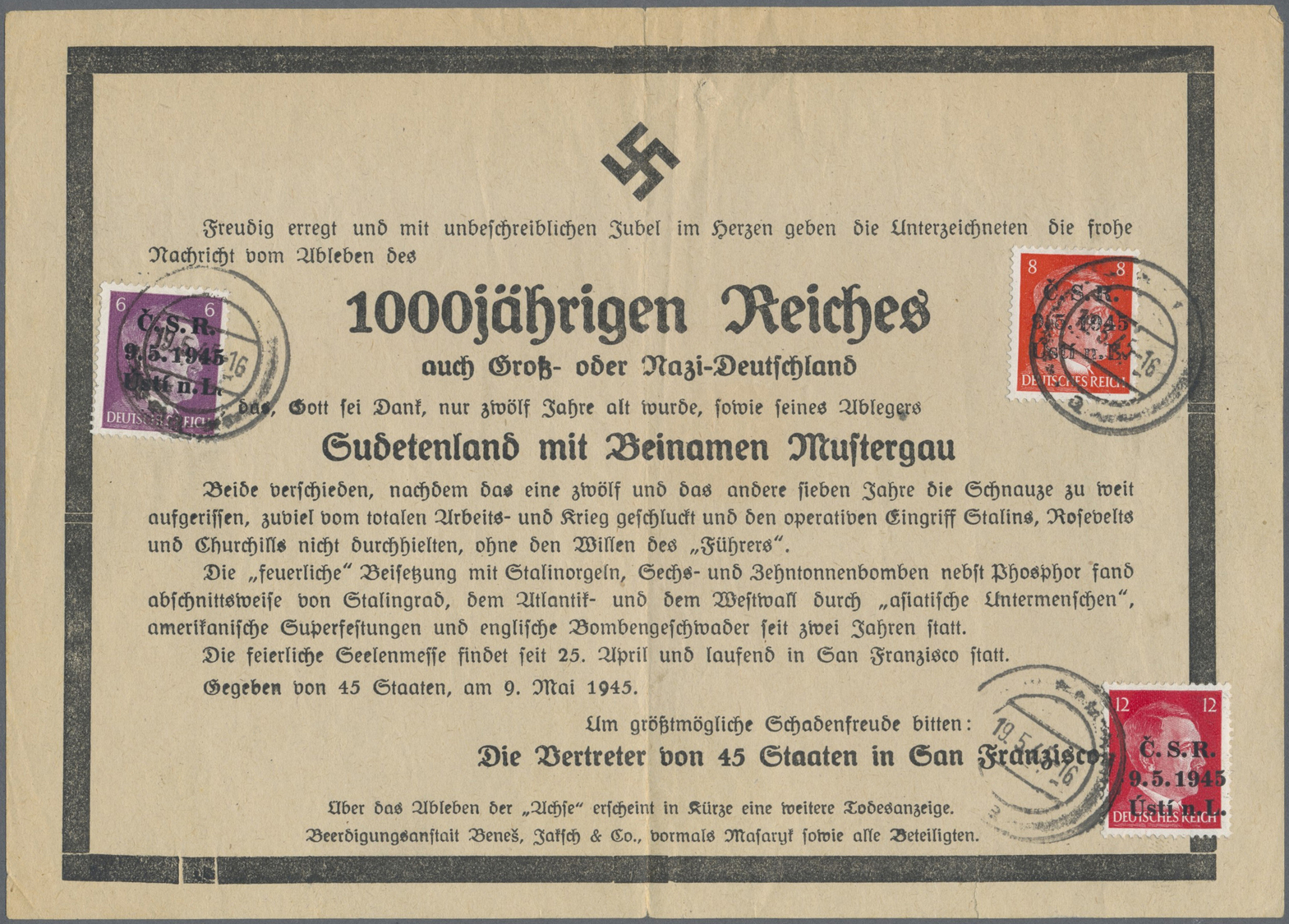 Br Tschechoslowakei - Besonderheiten: 1945, Hitlermarken 6,8 Und 12 Pfg. Mit Aufdruck "C.S.R. 9.5.1945 Usti N.L." - Autres & Non Classés