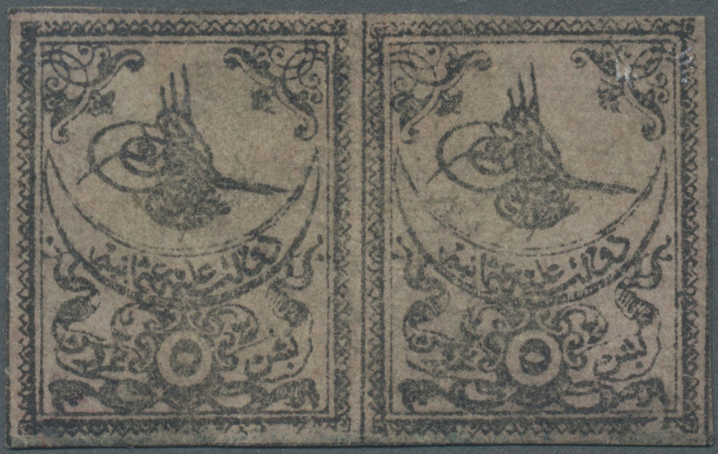 * Türkei: 1863, TUGRALI First Print 5 Pia. Rose Horizontal Pair Mint With New Gum, Light Border At Bottom, Full - Lettres & Documents