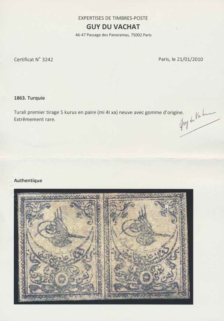* Türkei: 1863, TUGRALI First Print 5 Pia. Rose Horizontal Pair Mint With New Gum, Light Border At Bottom, Full - Lettres & Documents