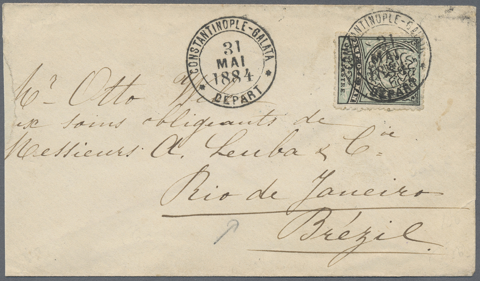 Br Türkei: 1884. Envelope (fault On Left) To Brazil Bearing SG 53, 1p Blue/green Tied By Constantinople-Galata/De - Covers & Documents