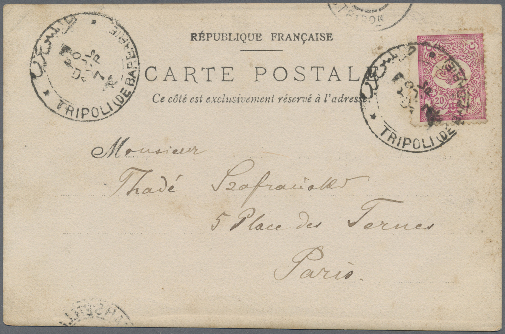 Br Türkei: 1901. Picture Post Card Of 'Mosque, Tripoli' Addressed To France Bearing Turkey Yvert 92, 20p Rose Tie - Covers & Documents