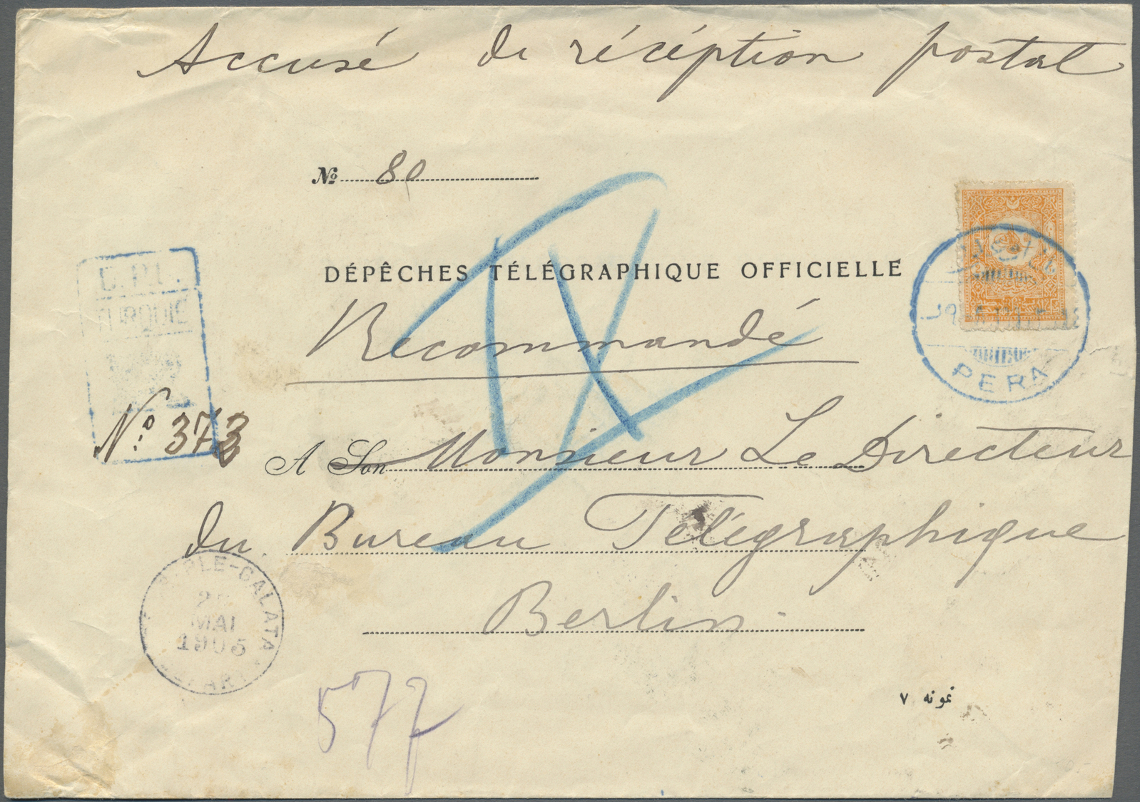 Br Türkei: 1901, 2 Pia. Orange Tied By Blue Bilingual Cds. "PERA 25.MAI.05" To Registered Cover "DÉPÊCHES TÉLÉGRA - Covers & Documents