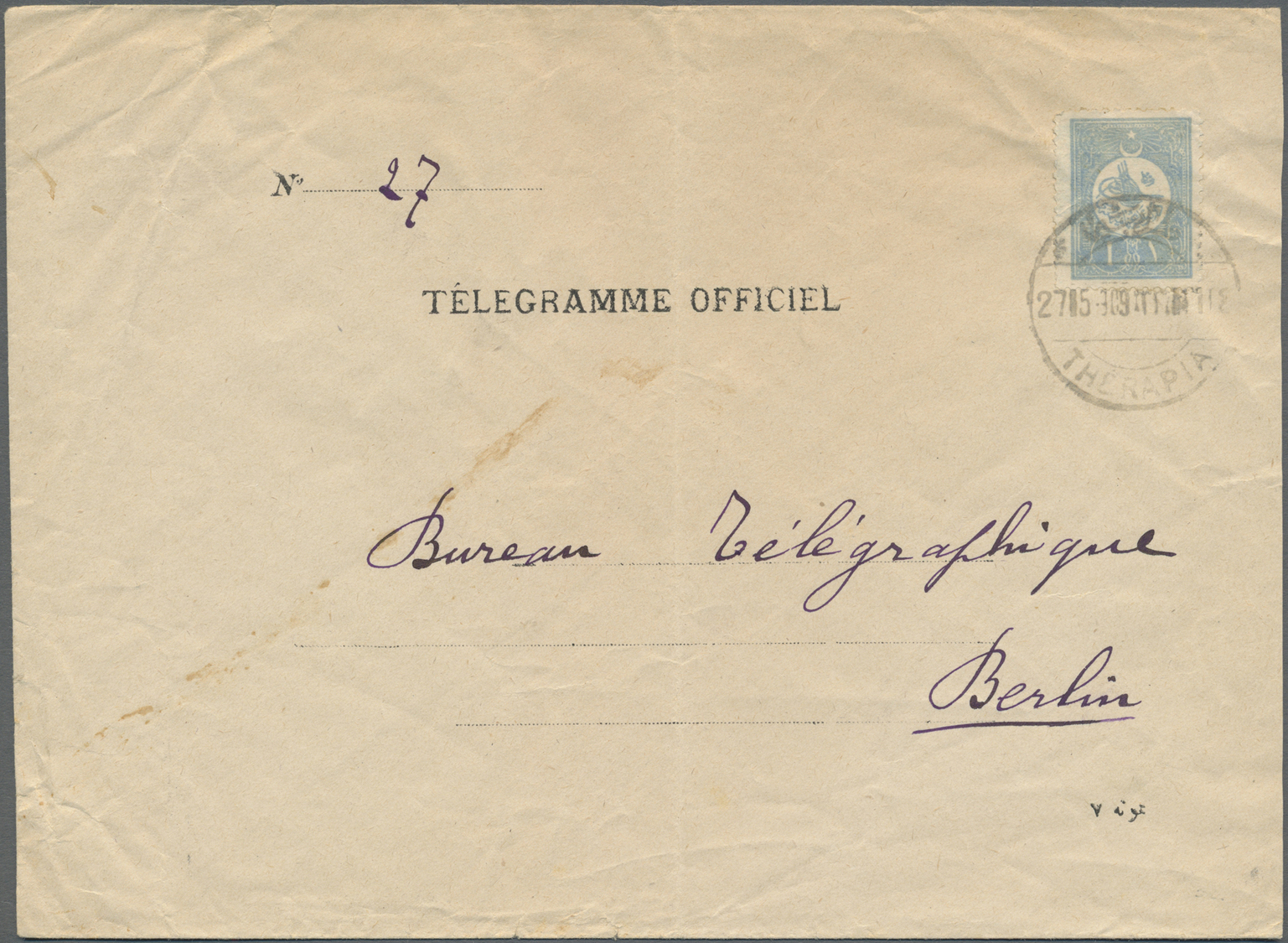 Br Türkei: 1908, 1 Pia. Blue Tied By Bilingual Cds. "THERAPIA 27.5.09" To Preprinting Cover "TÉLEGRAMME OFFICIAL" - Covers & Documents