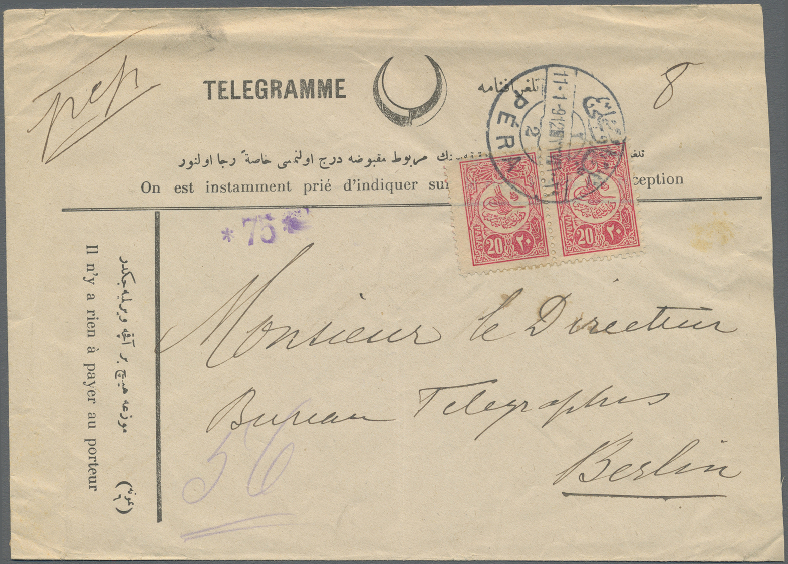 Br Türkei: 1909, 20 Pa. Carmine, Horizontal Pair Tied By Bilingual Cds. "PERA 11.1.12" To Preprinting Cover "TELE - Lettres & Documents