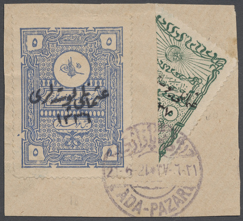 Brrst Türkei: 1921, Piece With Bisect 5 Pia. Green Foreign Affairs And 5 Pia. Ultramarine Religious Tribunals (Type - Covers & Documents