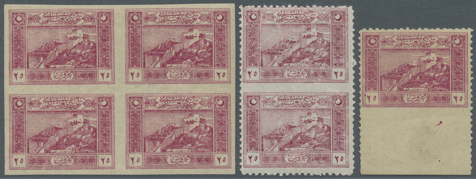 **/* Türkei: 1922, National Unification, 25pi. Carmine, Lot Of Three Varieties: Imperforate Block Of Four, Vertical - Lettres & Documents