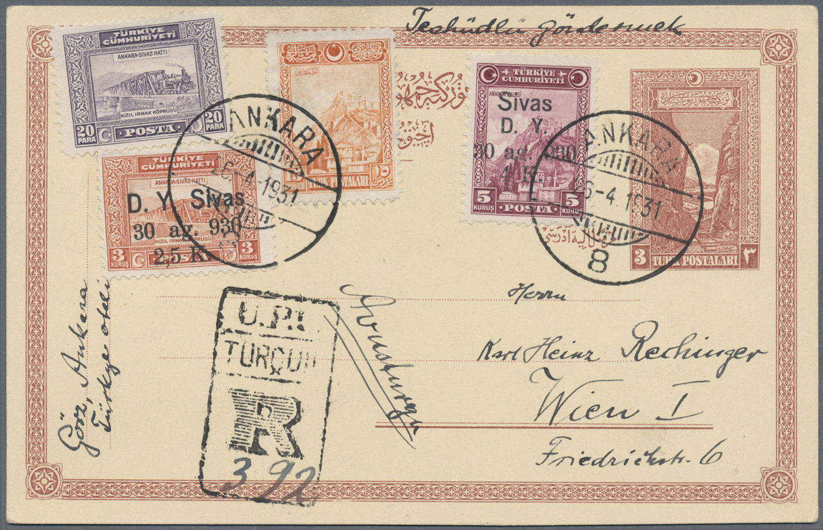GA Türkei: 1926/1931, 3 Pia. Red-brown Postal Stationery Card With Additional Franking Registered From Ankara To - Lettres & Documents