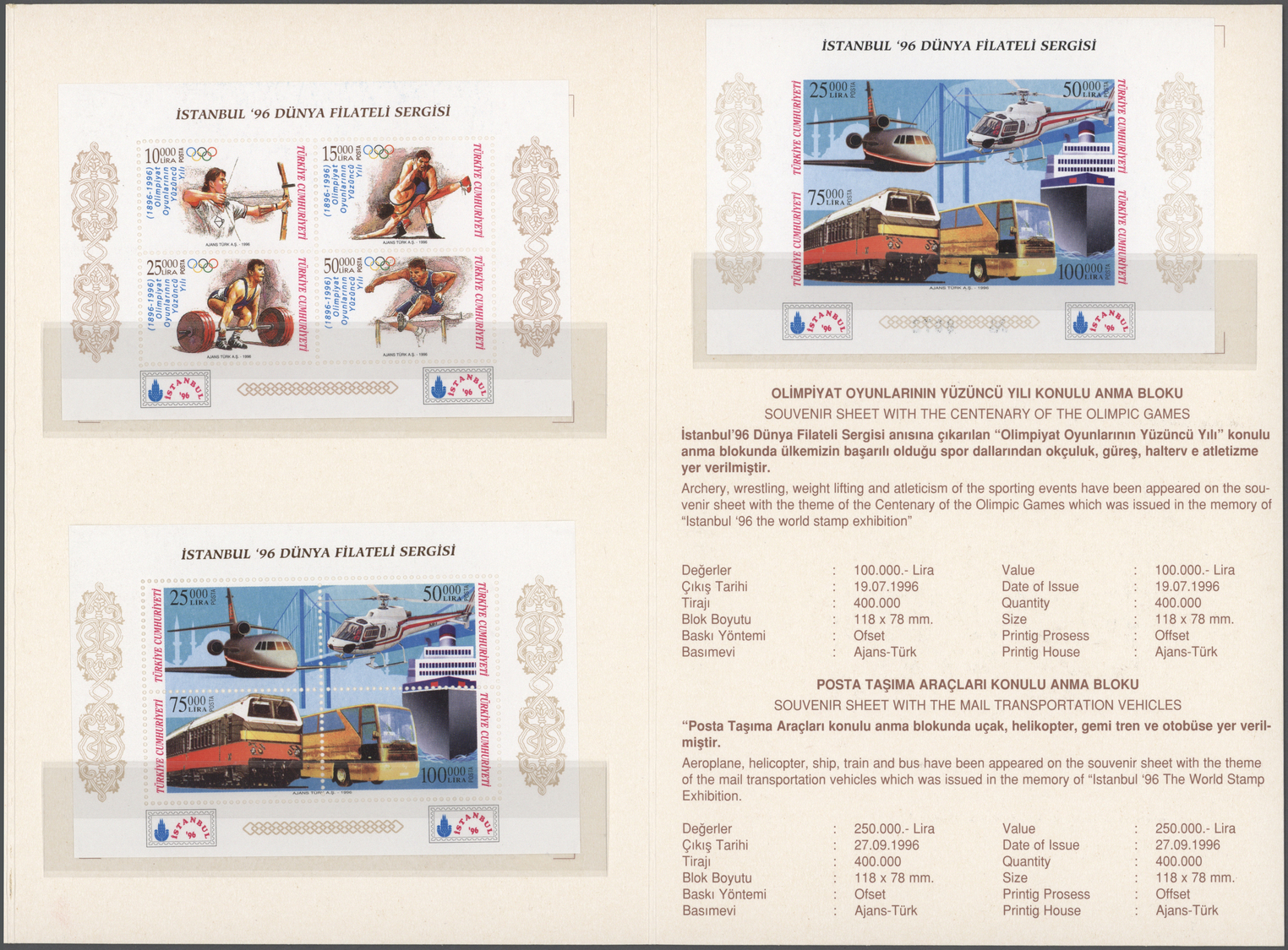 ** Türkei: 1996, Stamp Exhibition ISTANBUL '96, Both Imperforated Souvenir Sheets (with Red And Black Inscription - Covers & Documents