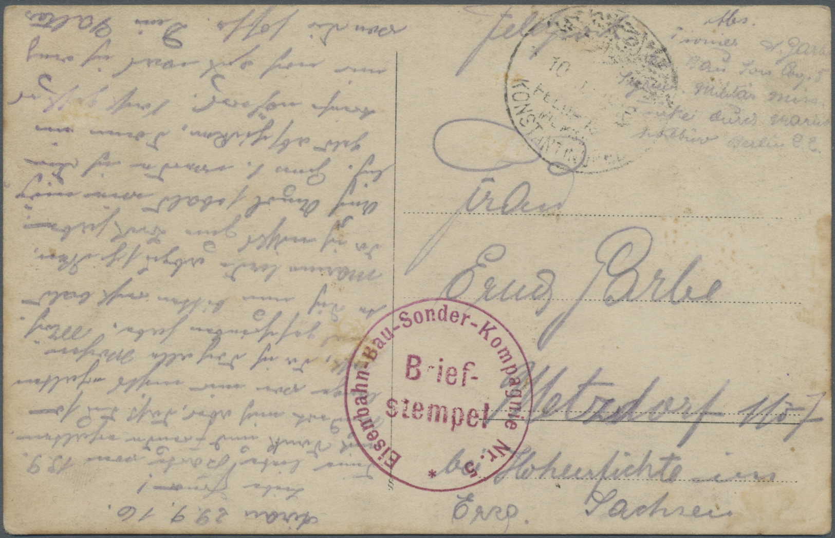 Br Türkei - Militär-Feldpost: 1916/1918,  sechs FP-Belege mit Truppenstempel von Eisenbahn-Einheiten (6 verschied