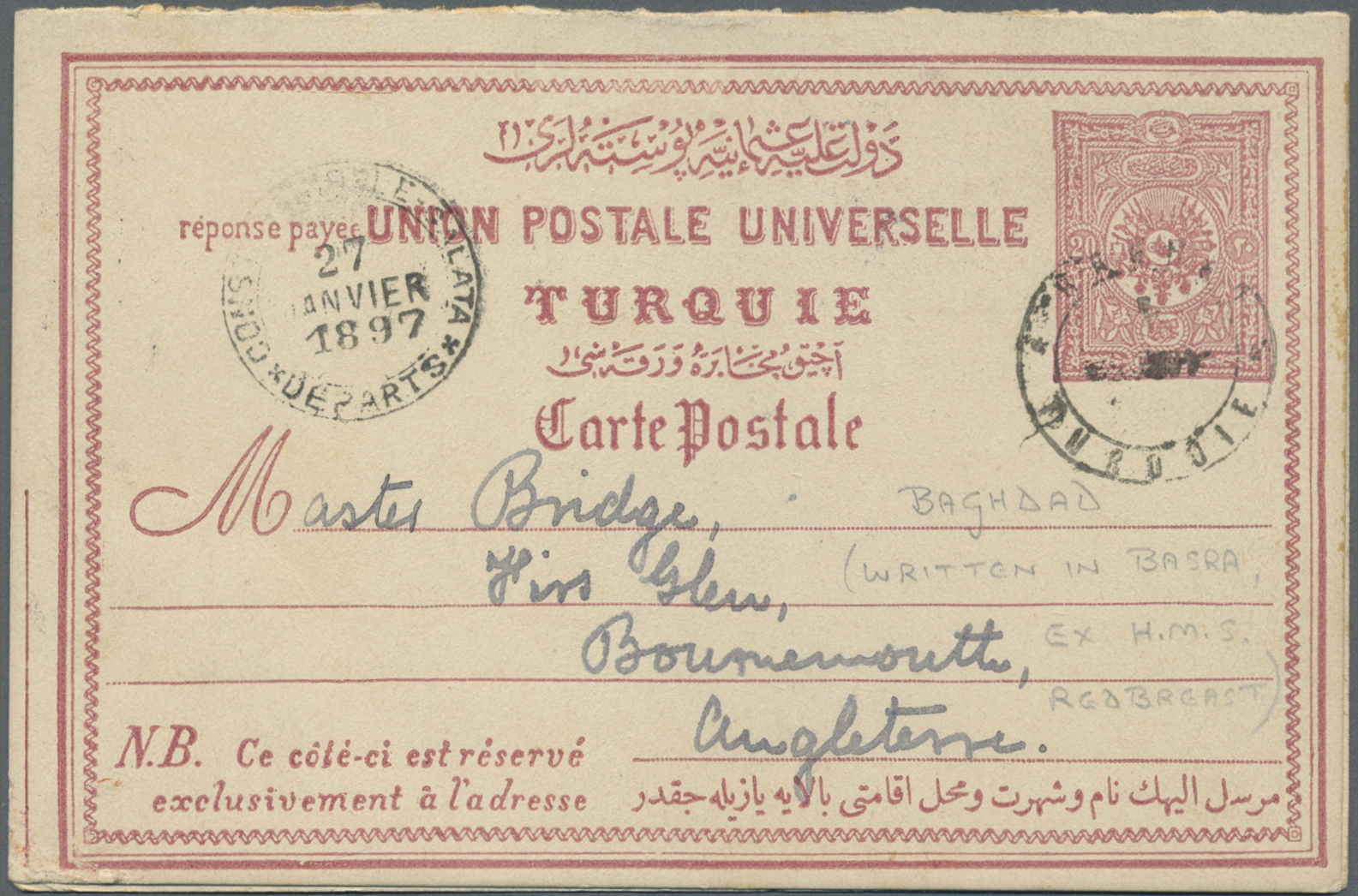 GA Türkei - Ganzsachen: 1896. Turkish Double Postal Stationery Reply Card 20p Claret Written From “H.M.S. Robreas - Entiers Postaux