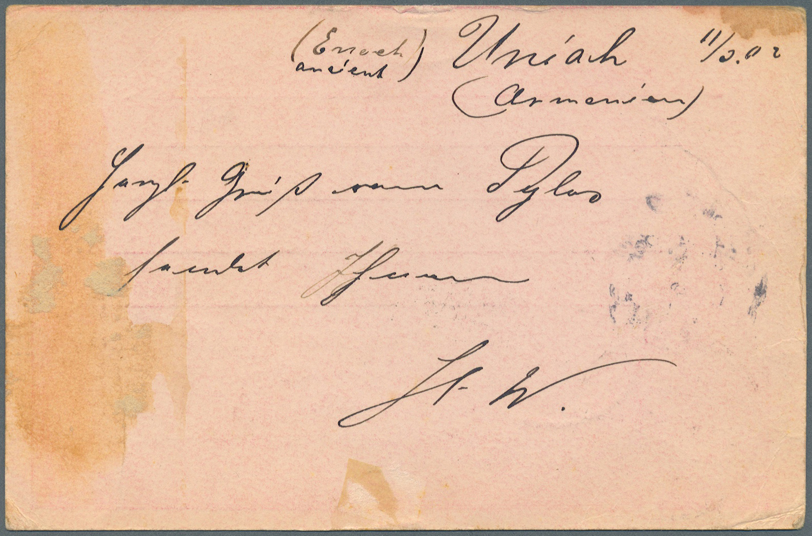 GA Türkei - Stempel: 1902, 20 Para Postal Stationery Card From UNIE To Germany, On Reverse Ms. "(ENACH ANCIENT) U - Autres & Non Classés