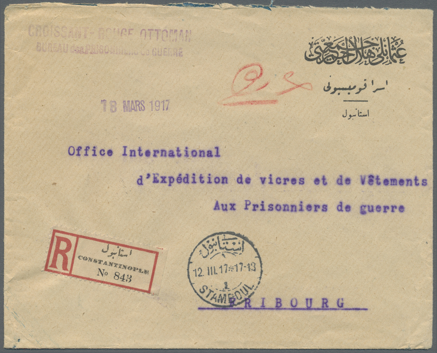 Br Türkei - Besonderheiten: 1917, Registered Letter From "CROISSANT ROUGE OTTOMAN" On Preprinted POW - Envelope F - Autres & Non Classés