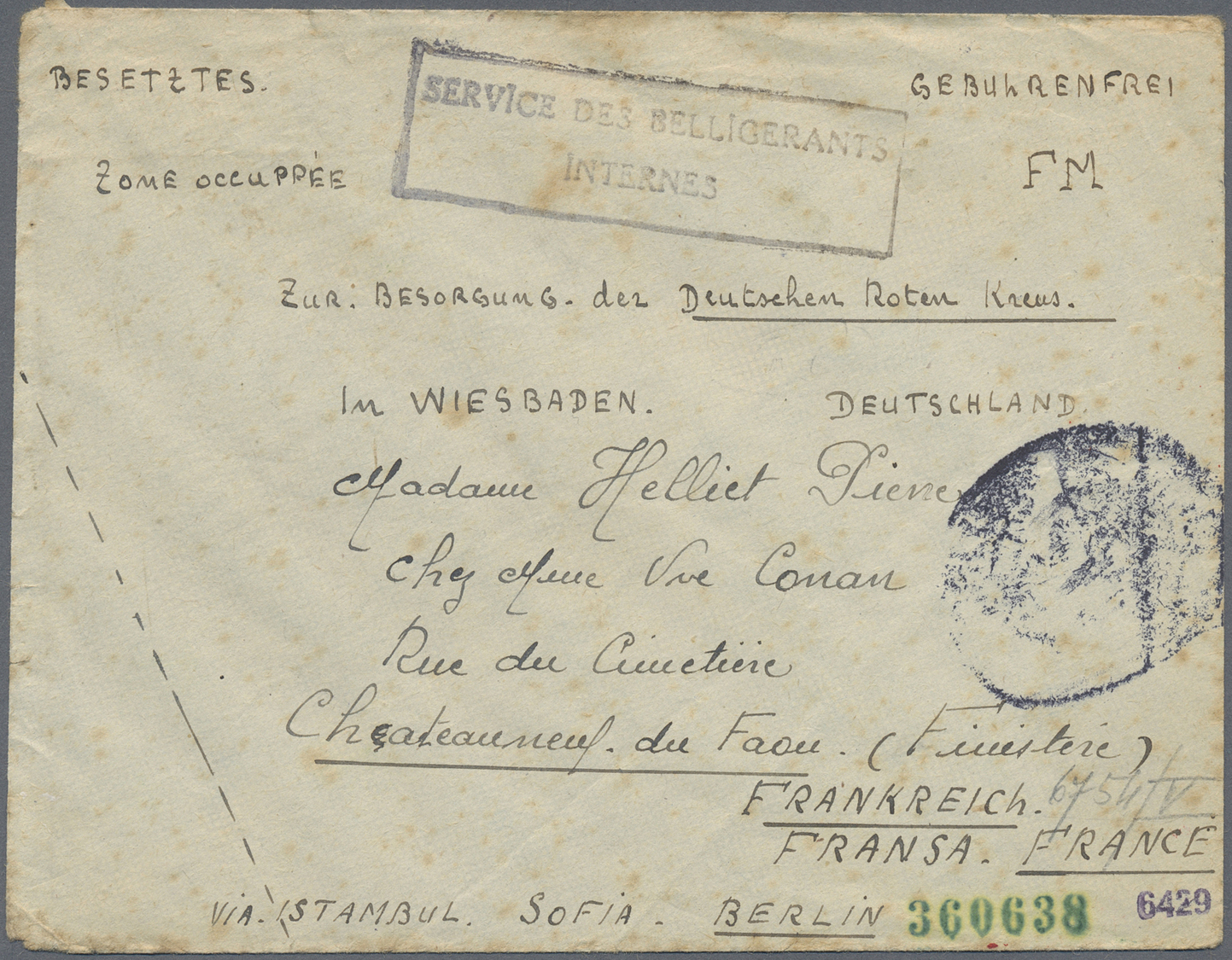 Br Türkei - Besonderheiten: 1942. Stampless Envelope (stains) Written From French P.O. W. At Isparta, Turkey Addr - Autres & Non Classés