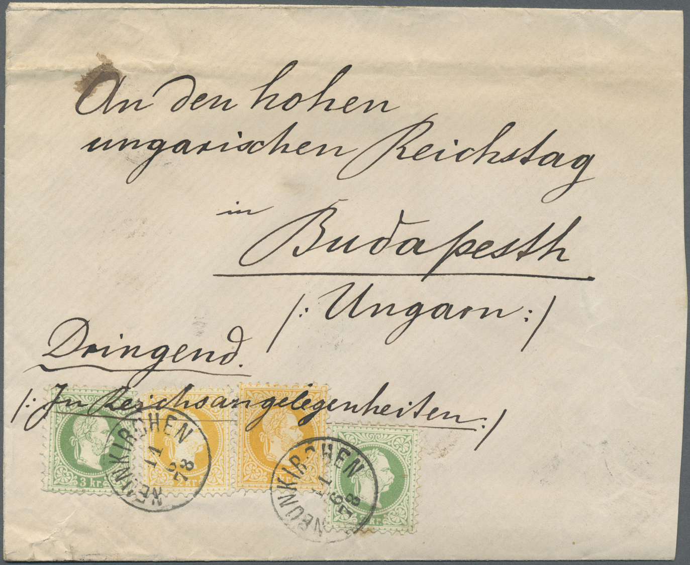 Br Ungarn: 1878: Brief Aus Neunkirchen 'An Den Hohen Ungarischen Reichstag In Budapest' Mit Vermerk 'Dringend! In - Covers & Documents