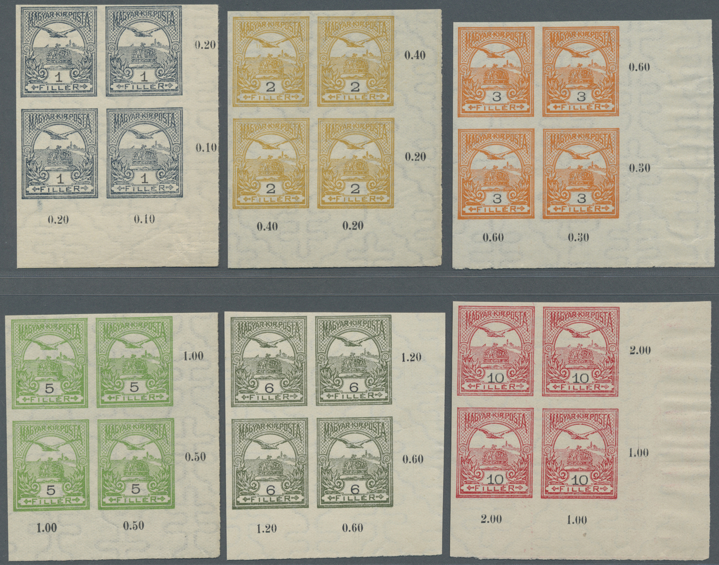 **/ Ungarn: 1913, Turul And King Franz Josef 1 F.-5 Kr. Imperforated, Complete Set Of 4 From The Lower Right Corne - Lettres & Documents