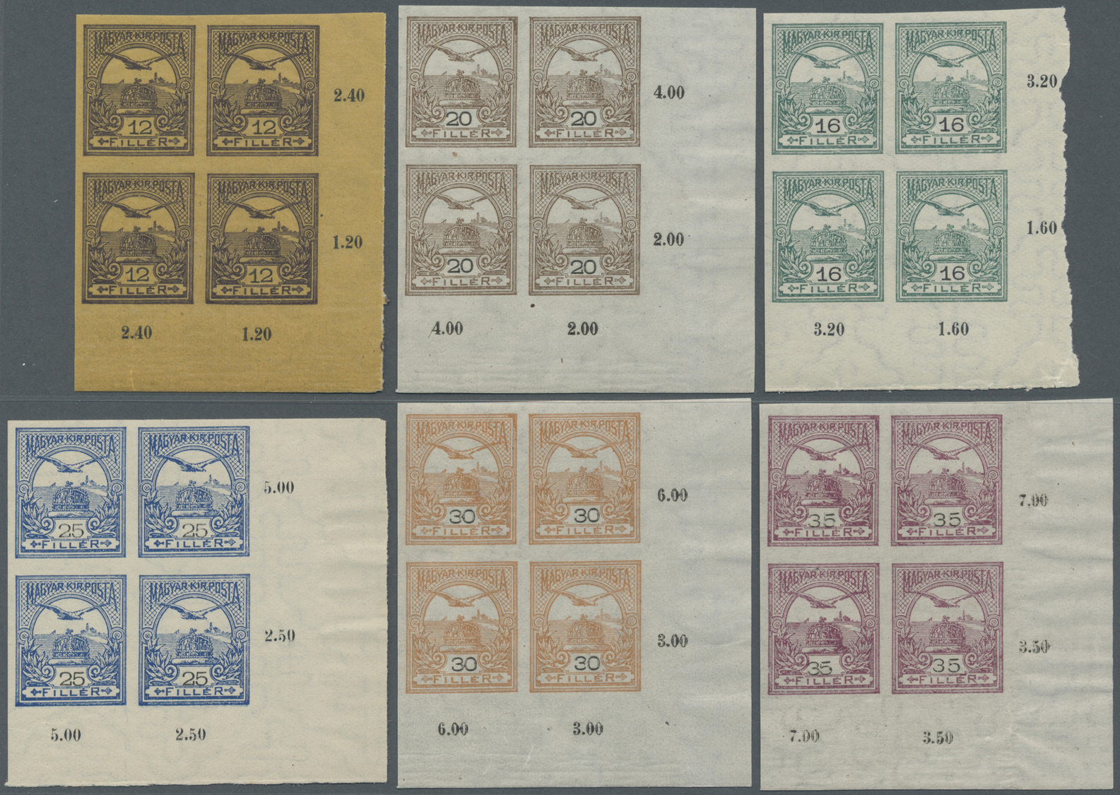 **/ Ungarn: 1913, Turul And King Franz Josef 1 F.-5 Kr. Imperforated, Complete Set Of 4 From The Lower Right Corne - Lettres & Documents