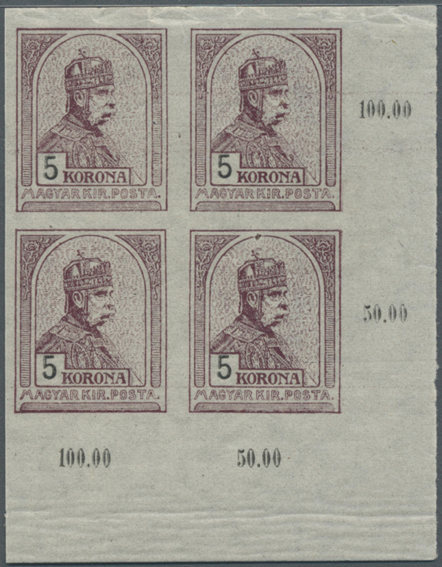 **/ Ungarn: 1913, Turul and King Franz Josef 1 f.-5 Kr. imperforated, complete set of 4 from the lower right corne